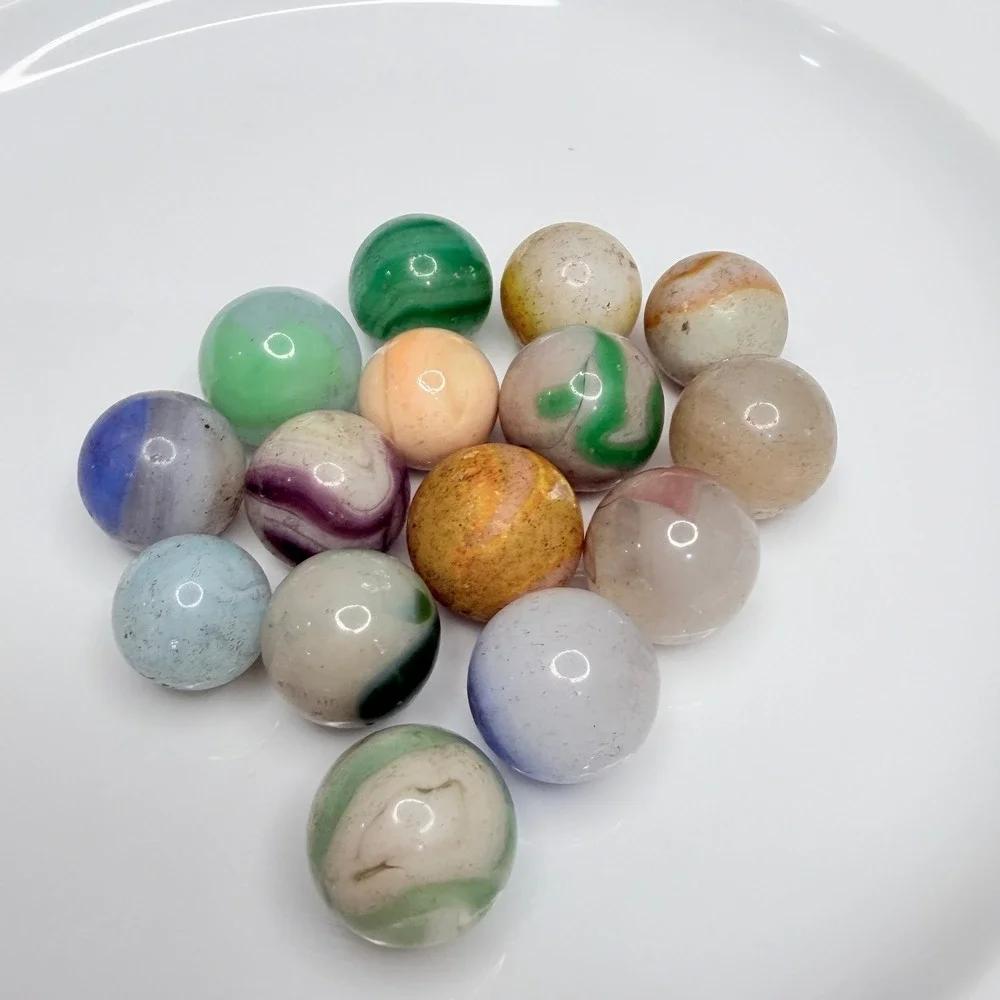 Vintage Glass Marbles Lot – Earth Tone Swirls, Greens, Blue & Amber–Garage Find